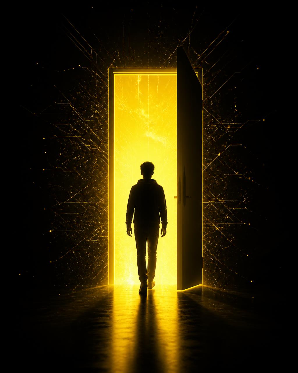 Pessoa caminhando em direção a uma porta iluminada, representando mudança e oportunidade